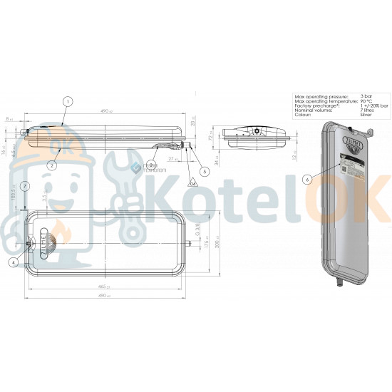 Купить Расширительный бак 7 литров резьба 3/8, Beretta, Protherm, Demrad (артикул 13N0000720, 20024419, 20029826, 20005563) – оригинальная запчасть для котла