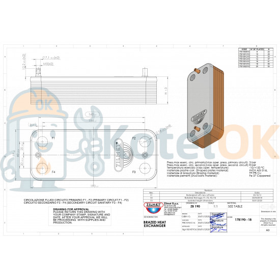 Купити Теплообмінник вторинний Zilmet для котлів TeploWest BASIS ,Airfel , Hi-Therm Optimus арт. DO345-2,17B1901218, 3000001164,7021820020,17B1901230. – оригінальна запчастина для котла