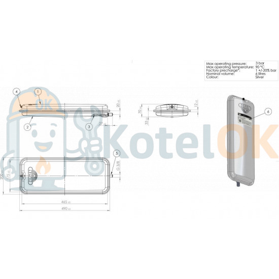 Плоский расширительный бак Zilmet 6л. G3/8 (13N0000609 / 13N0000602 / 39819570)