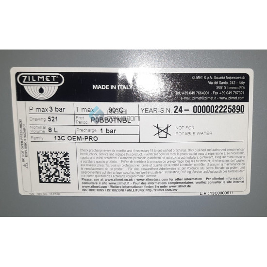 Розширювальний бак 8л (резьба 1/2"), 13C0000811, Zilmet Розширювальний бак 8л (резьба 1/2"), 13C0000811, Zilmet